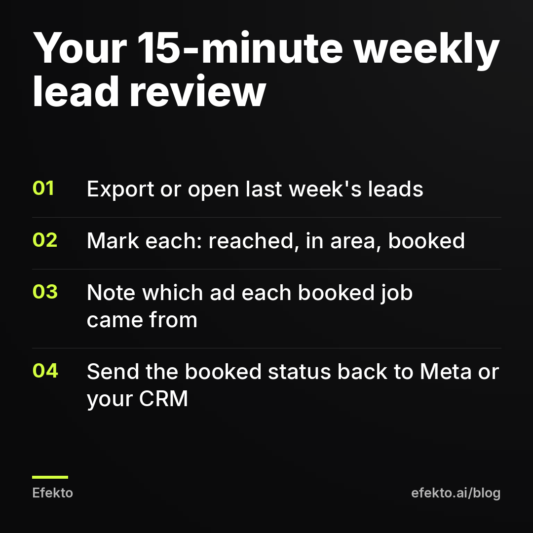 Your 15-minute weekly lead review: Export or open last week's leads; Mark each: reached, in area, booked; Note which ad each booked job came from; Send the booked status back to Meta or your CRM