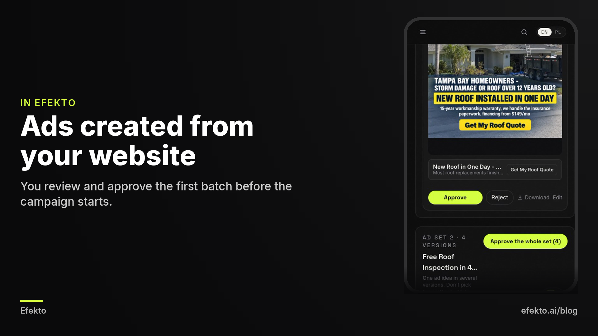 Screenshot: Ads waiting for approval in Efekto