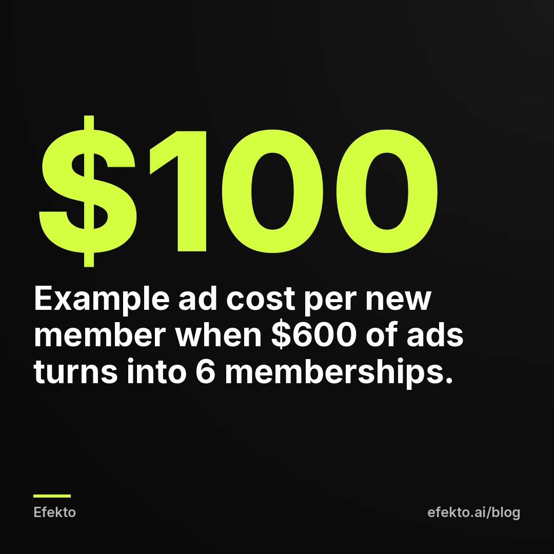 $100 - Example ad cost per new member when $600 of ads turns into 6 memberships.