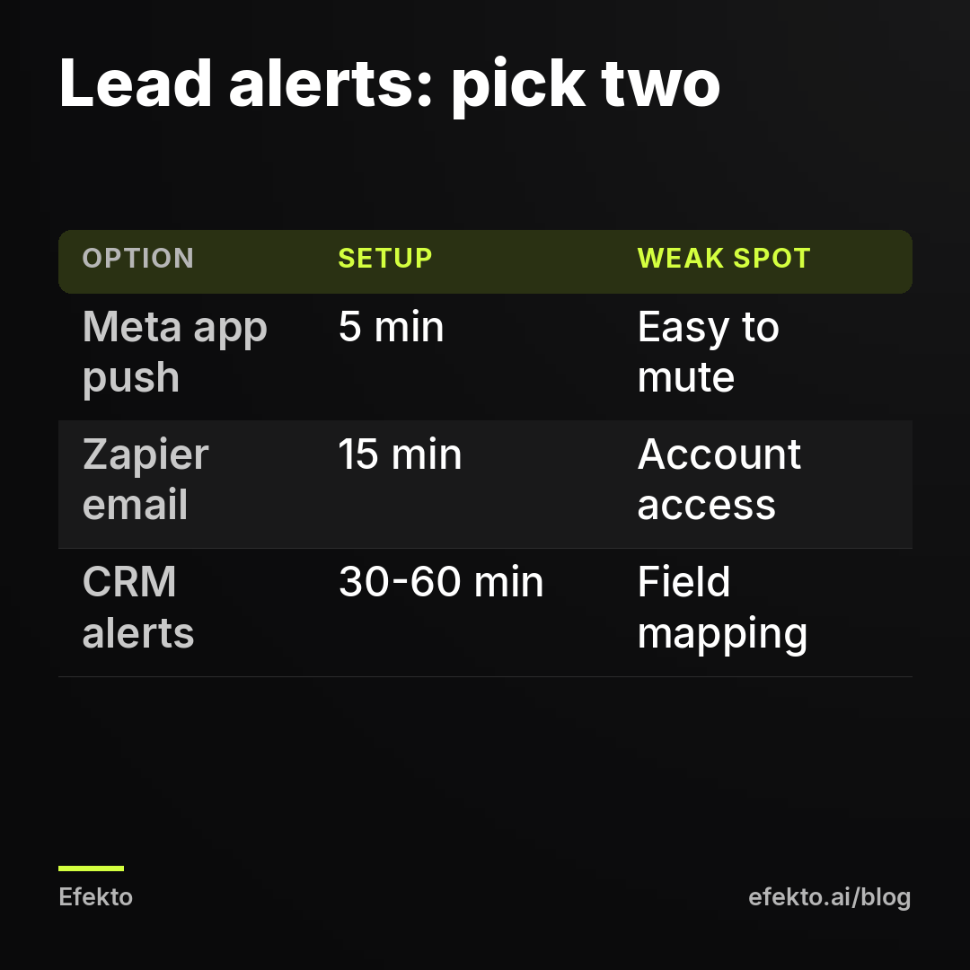 Lead alerts: pick two. Meta app push - 5 min - Easy to mute; Zapier email - 15 min - Account access; CRM alerts - 30-60 min - Field mapping