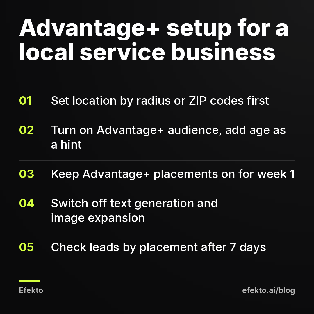 Advantage+ setup for a local service business: Set location by radius or ZIP codes first; Turn on Advantage+ audience, add age as a hint; Keep Advantage+ placements on for week 1; Switch off text generation and image expansion; Check leads by placement after 7 days