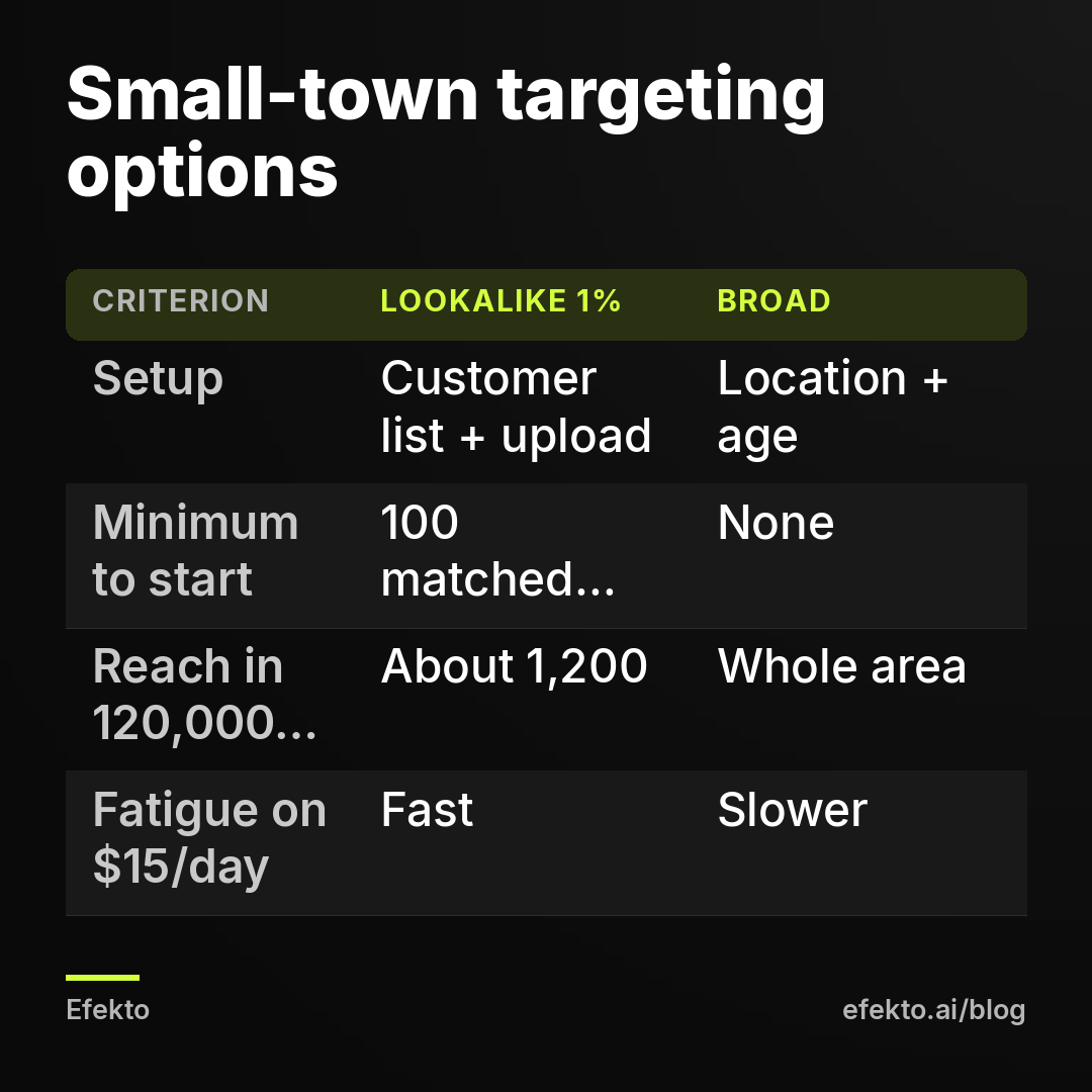Small-town targeting options. Setup - Customer list + upload - Location + age; Minimum to start - 100 matched people - None; Reach in 120,000 area - About 1,200 - Whole area; Fatigue on $15/day - Fast - Slower