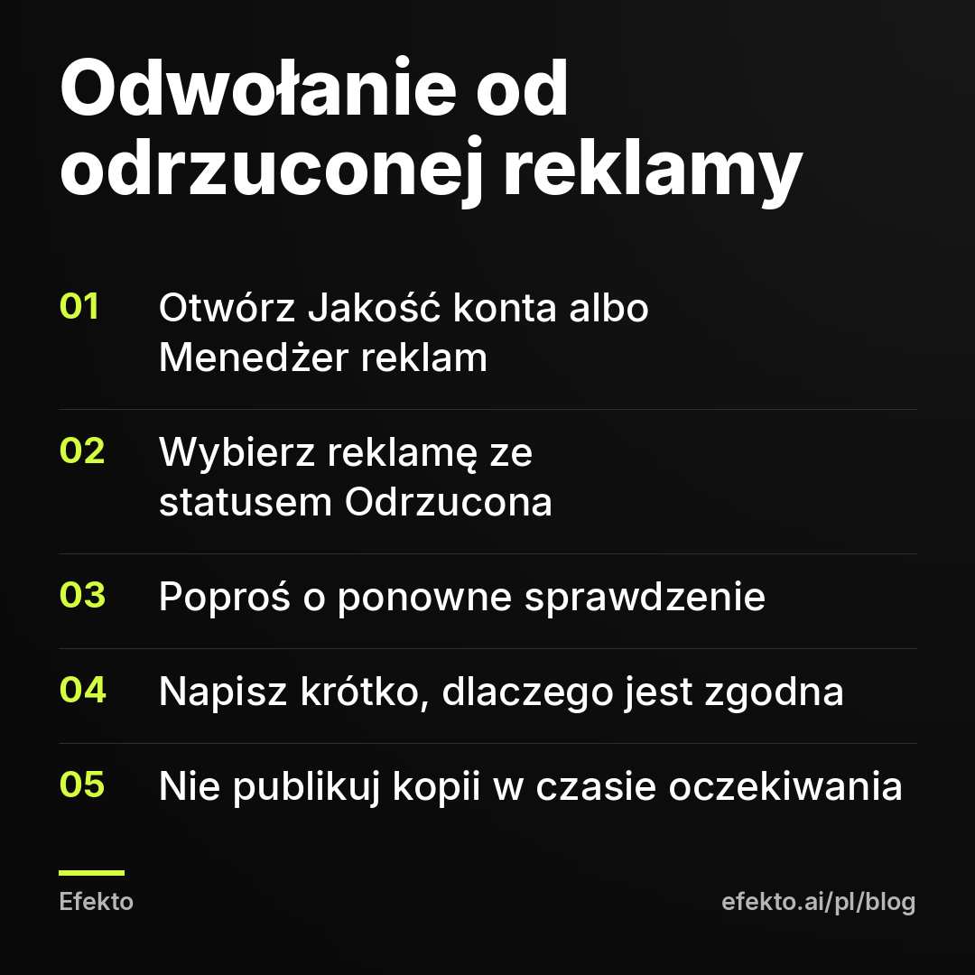 Odwołanie od odrzuconej reklamy: Otwórz Jakość konta albo Menedżer reklam; Wybierz reklamę ze statusem Odrzucona; Poproś o ponowne sprawdzenie; Napisz krótko, dlaczego jest zgodna; Nie publikuj kopii w czasie oczekiwania